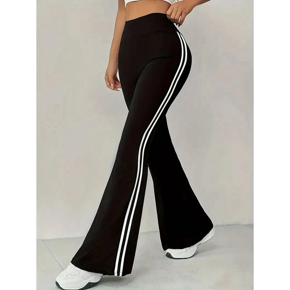 Women's Double Side Striped Black High Waist Flared Sports Pants Autumn Casual High Waist Sweatpants Streetwear