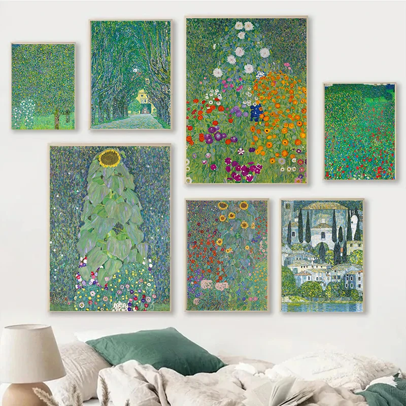 Gustav Klimt Flower Garden Sunflowers Church Canvas Oil Painting Abstract Plants Flowers Wall Art Poster Nordic Home Decor Mural