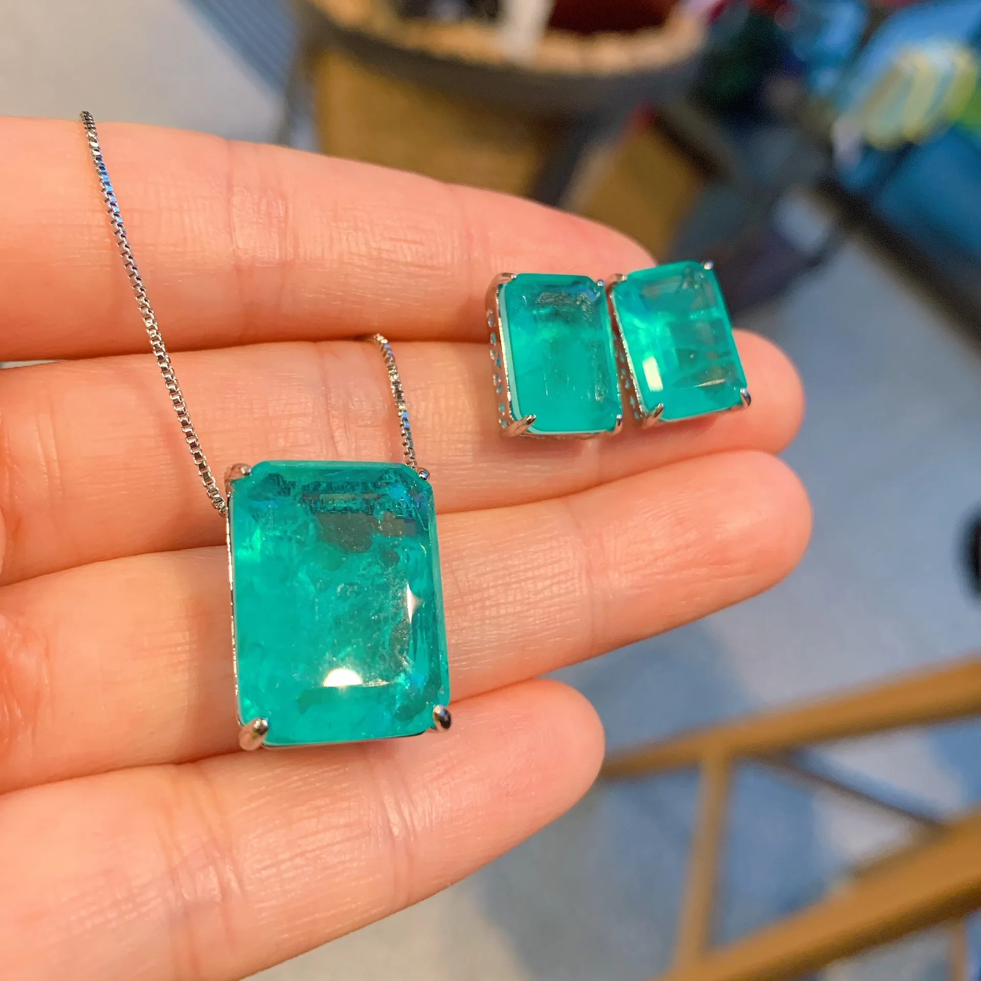 Emerald Green Paraiba Rectangle Pendant Ear Studs Earring Set Wholesale 925 Sterling Silver Vintage Jewelry Trend Birthday Gift