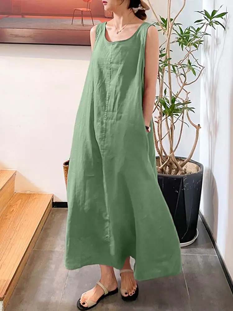 ZANZEA Women Summer Solid Dress Sleeveless O-Neck Drawstring Lady Sundress Korean Oversized Casual Elegant Holiday Beach Dreses