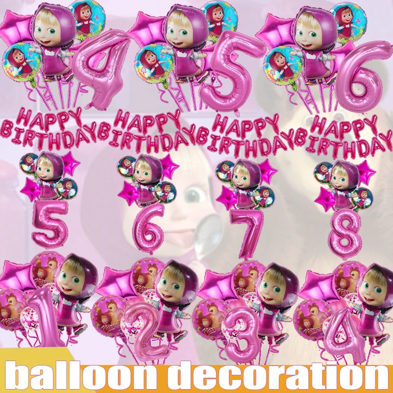 Globos de Cumpleaños de Masha y el Oso, Decoración con Globos de Papel de Aluminio Rosa, Globos de Cumpleaños de Masha y Michka, Decoración para Fiestas DIY