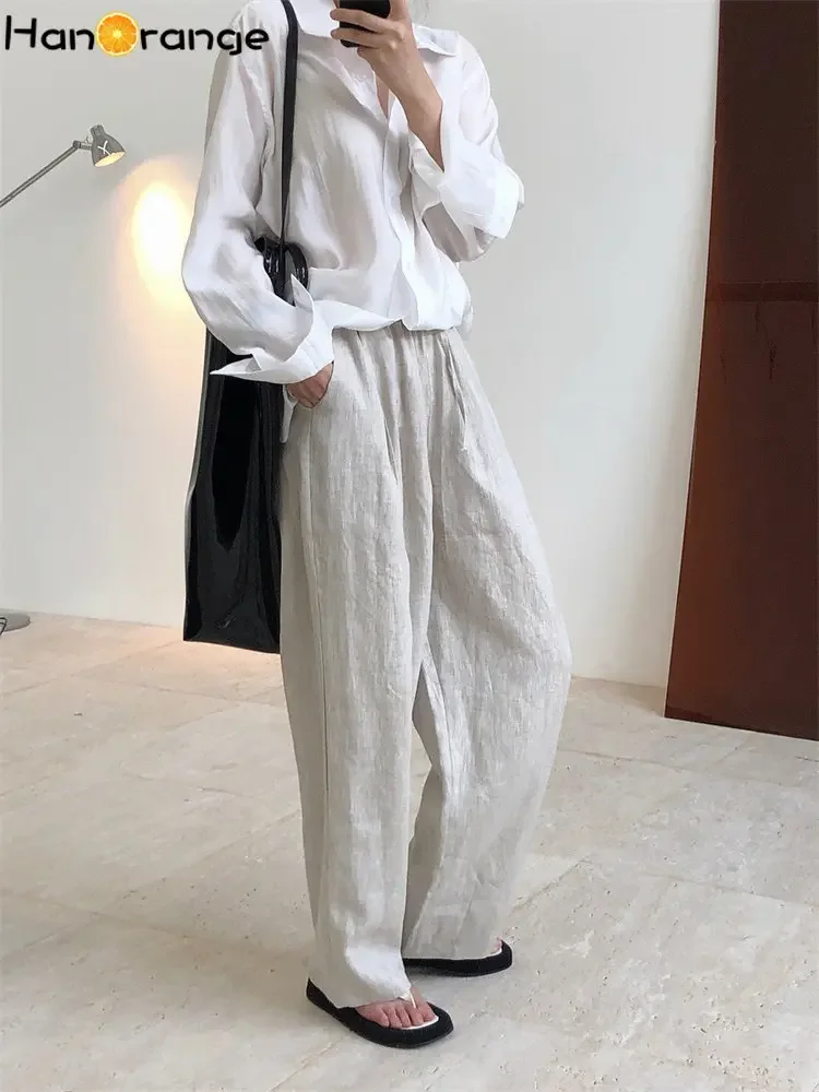 HanOrange 2025 Autumn Thin Wide Leg Pants Pure Linen Women Loose Comfortable Cool Trousers Female Black/linen/blue-purple