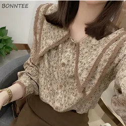 Long Sleeve Shirts Women Vintage Chic Peter Pan Collar Floral Print Lace Loose Gentle Temperament Female All-match Sweet Ins New