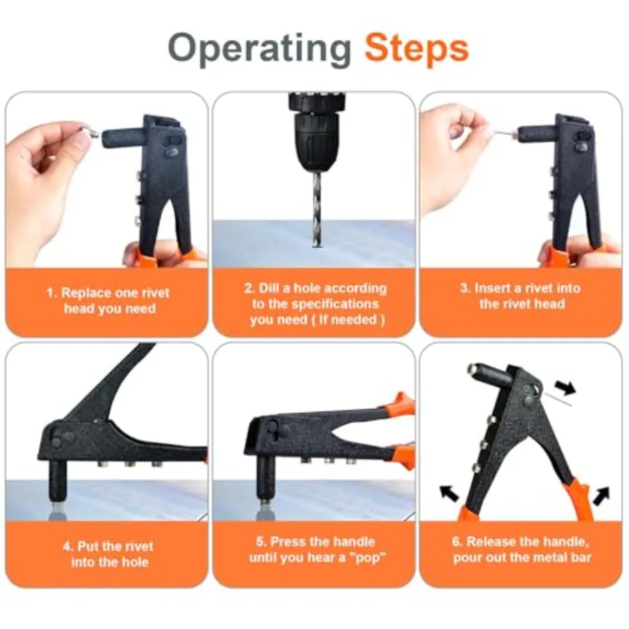 手動リベットガン、4サイズのリベット200個付き、自動車修理、鉄道保守、家具組み立て、機器製造用