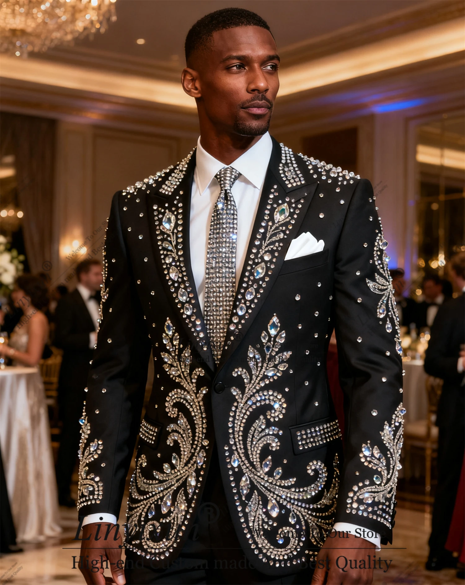 

Уникальный дизайн, тонкие мужские костюмы, индивидуальные стразы, бисер, комплект из двух предметов, мужские пиджаки для жениха, пальто, брюки, тонкие свадебные смокинги Ropa