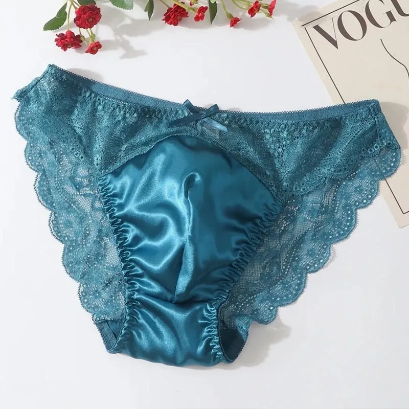 Sexy Mens Briefs See Through Lace Satin Bow Convex Pouch Sissy Panties Cross-dressing Soft Breathable Erotic Lingerie view 3