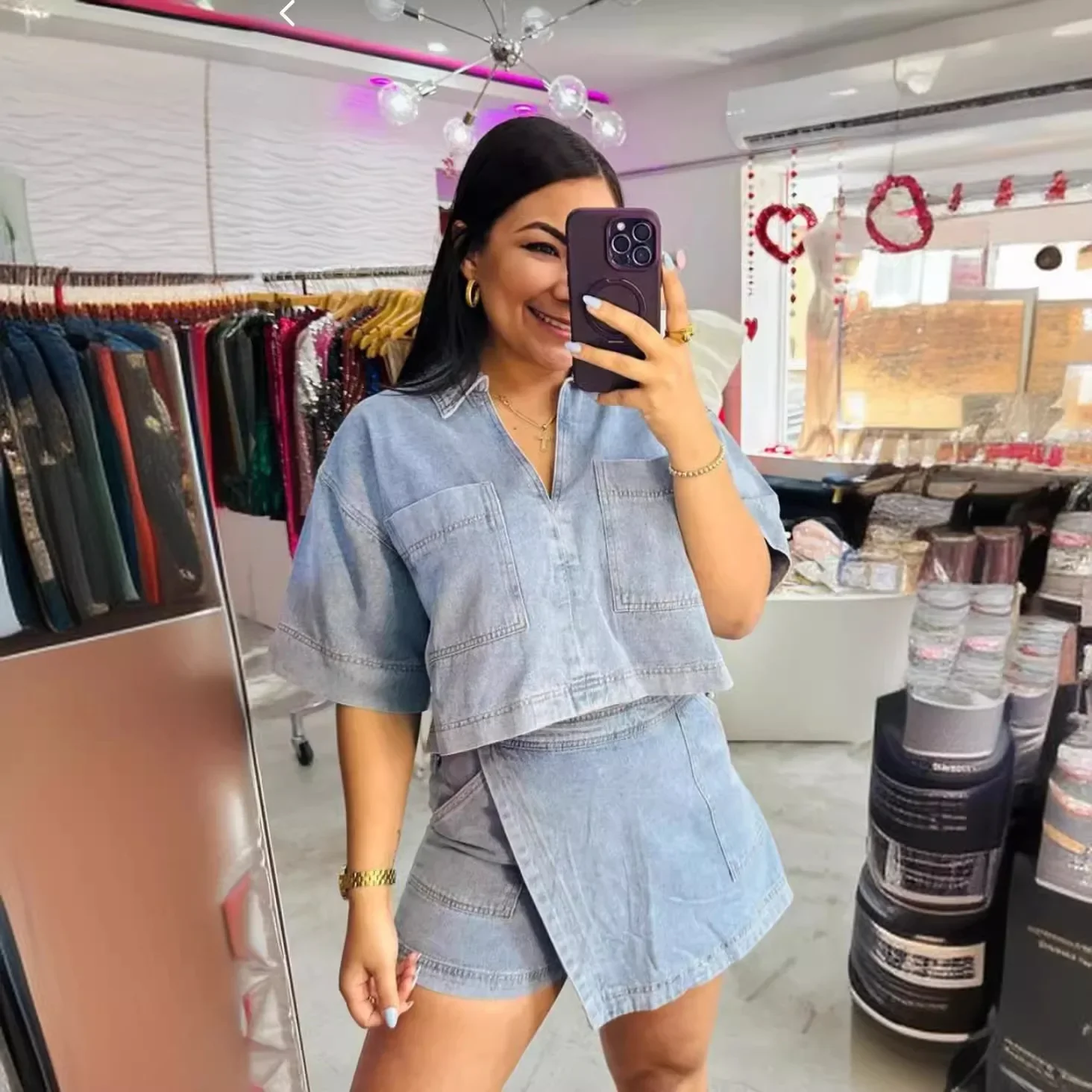 Two Piece Sets Women Cowboy Outfits Casual Shirt Polo Neck Pockets Spliced Shorts Skirt Irregular Suits Summer Female Ensemble