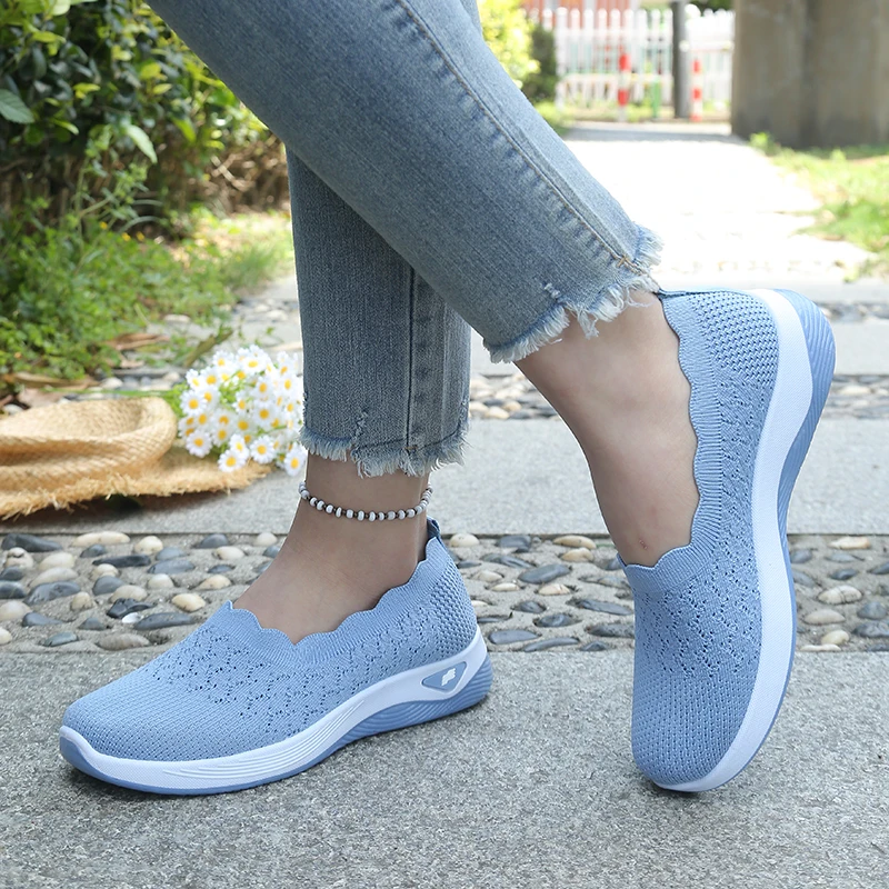 Women's All-Season Knit Slip-On Sneakers - Breathable, Lightweight with Soft Sole & Elegant Scalloped Edge
