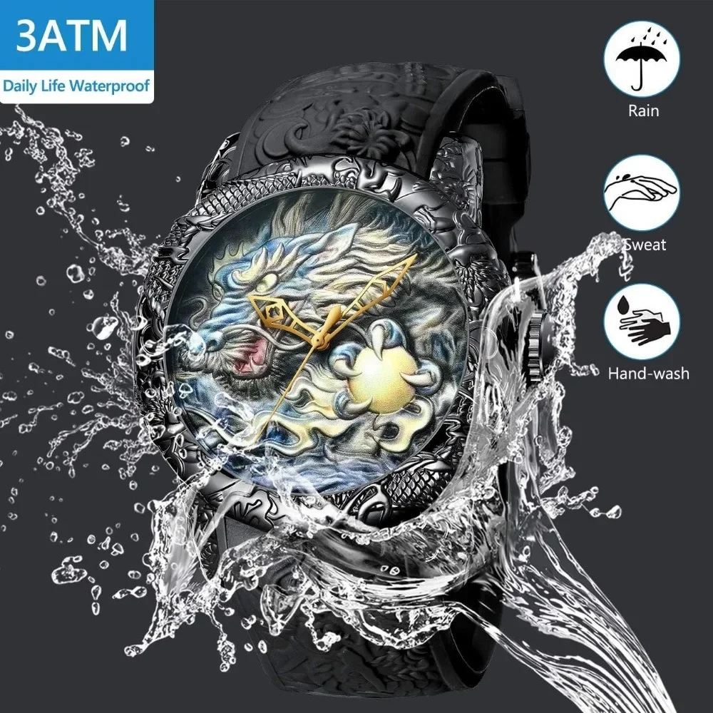 Mens Fashion Big Dial 3D Sculpture Dragon Watches Men Quartz Watches Luxury Exquisite Creative Wristwatch Male Clock Gifts