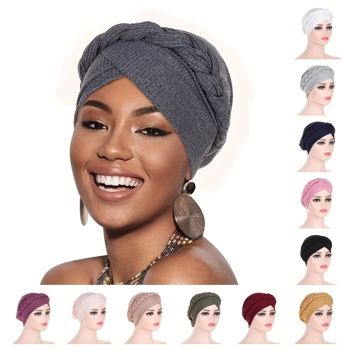 

Solid Color Braid Turban Hat Casual Head Wraps Headscarf Classic Elastic Beanies Chemo Cap For Women