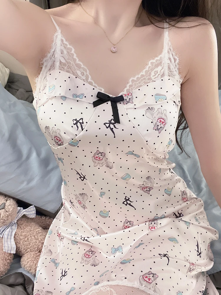 DAIMELU lady nightdress women nightgown with chest pad summer sleepwear sexy lace pure desire wind ice silk loungewear pajamas