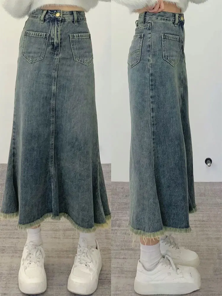 

Retro Mid-Length Denim Skirt Women's Spring Summer New plus Size Fi Tail f-length A-Line Slimming Body Skirt
