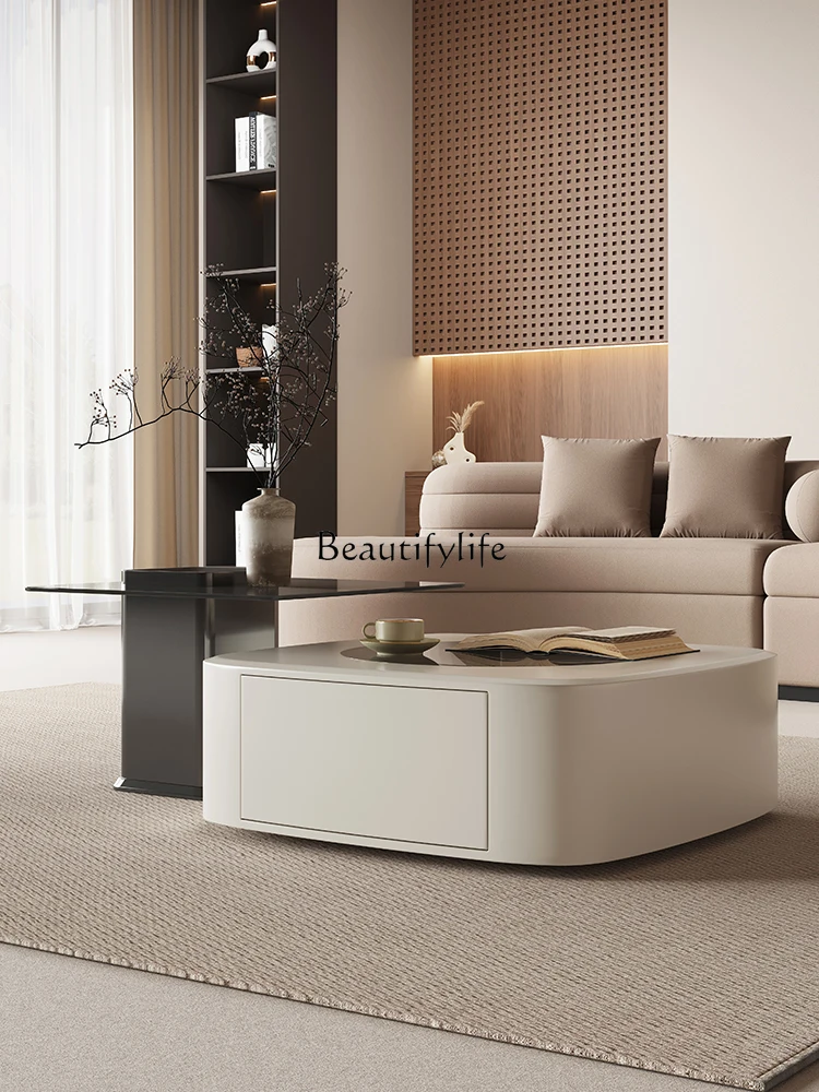 

minimalist small apartment household living room coffee table glass light luxury high-end cream style combination table 2024 new