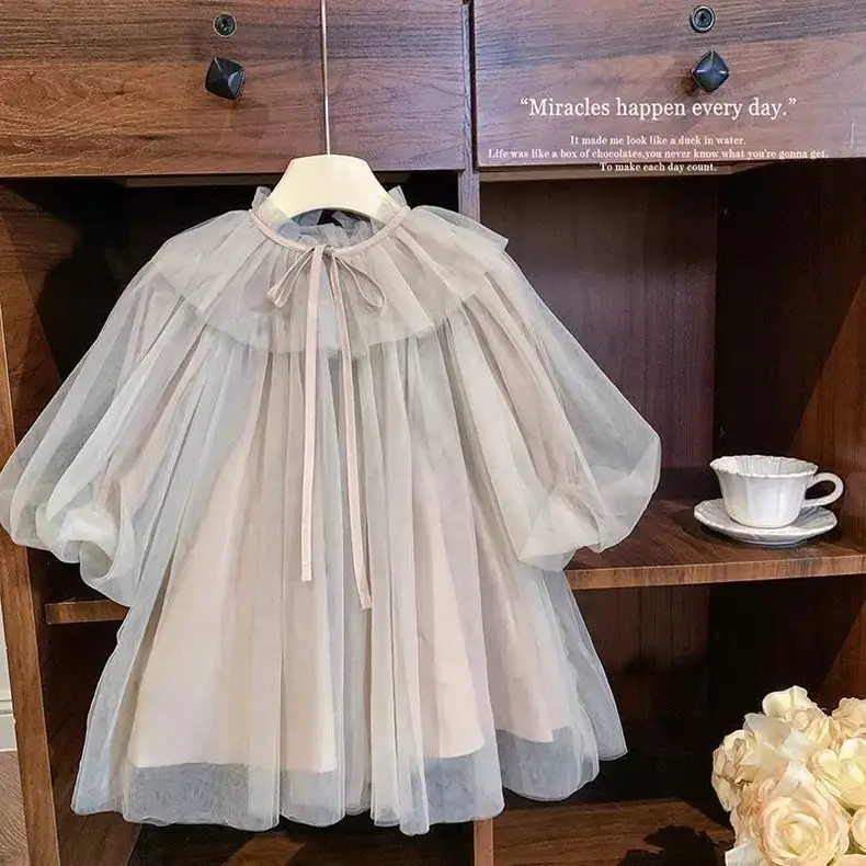Kid Girl Solid Color Tulle Dress for Children Ruffled Neckline Bow Tie Back Detail Puff Sleeves Layered Mesh Elegant Skirt