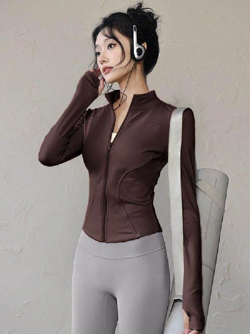 sun-protection-short-yoga-jacket-stand-collar-fitness-pilates-top-women's-standard-fit-long-sleeve-t-shirt-quick-dry-polyester