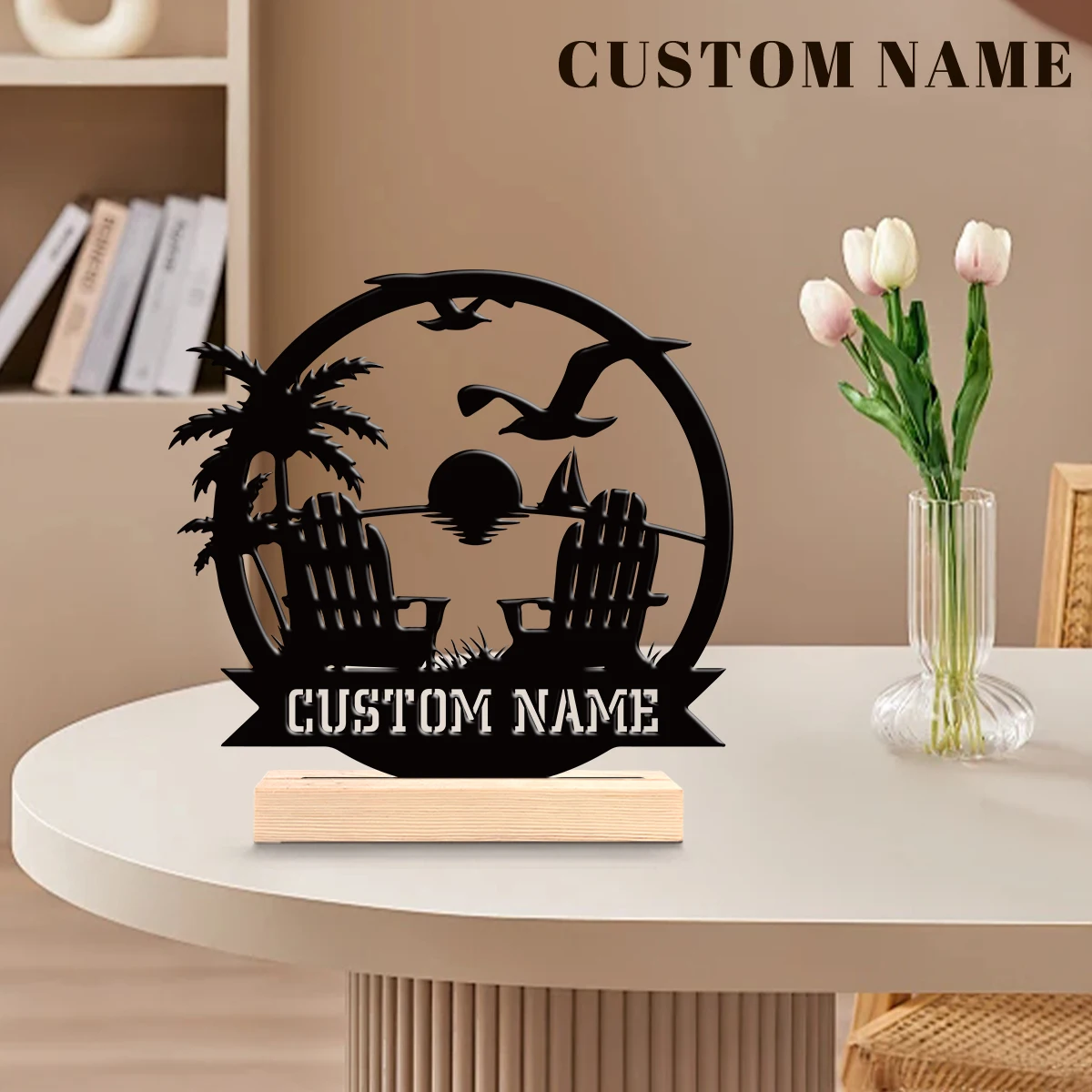 1Pc Custom Vacation Heart Wooden Base Metal Ornament,Home Room Desktop Decor,Ideal Birthday Wedding Graduation Festive Gift view 2