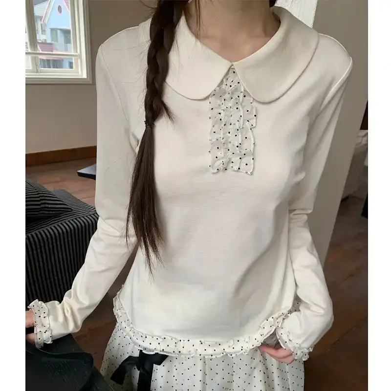 Spring Doll Collar Bottoming Shirt for Women College Style Polka Dot Top