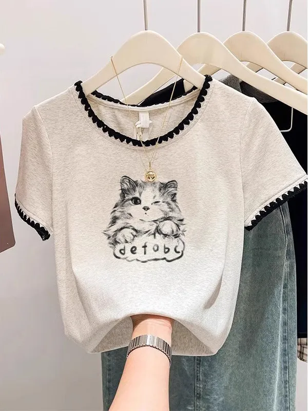 Unique Beautiful Wave  round Neck Women's Summer College Style Special Color Collision Short Sleeve T-Shirt Cotton Polyes...
