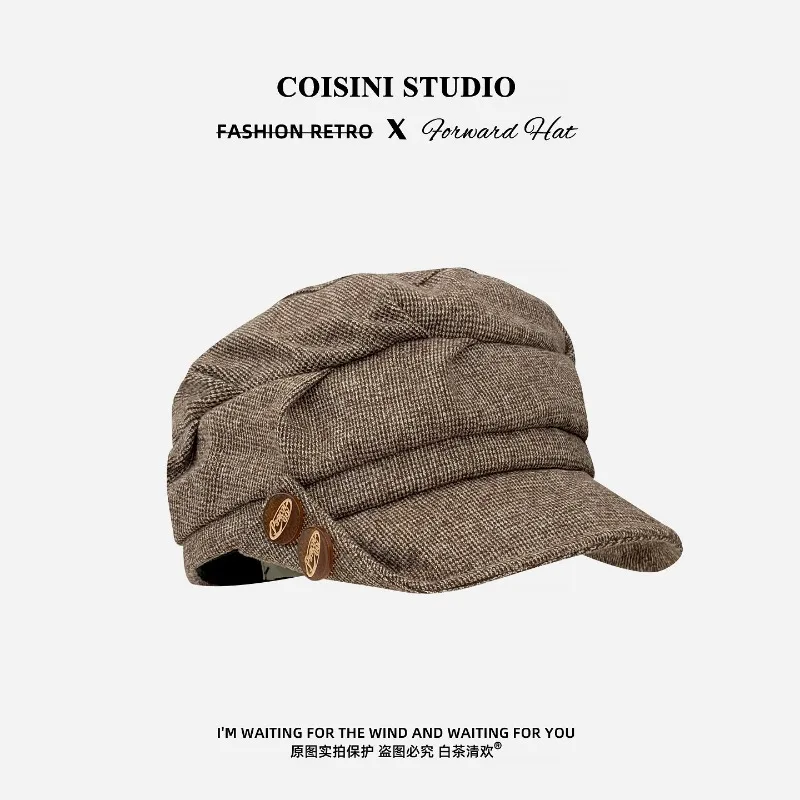 Japanischer Retro-Reiterhut mit Plissee-Krempe und Knopfdesign für Damen, Herbst- und Winter-Soft-Brim-British-Newsboy-Caps für Herren – Detail 2