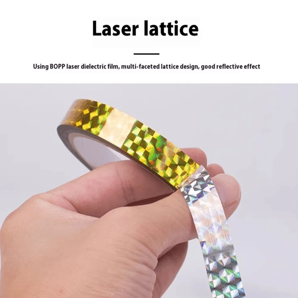 شريط ليزر ثلاثي الأبعاد، شريط زخرفي لامع ذاتي اللصق، تغليف هدايا الحفلات، ملصقات ذهبية وفضية ذاتية الختم