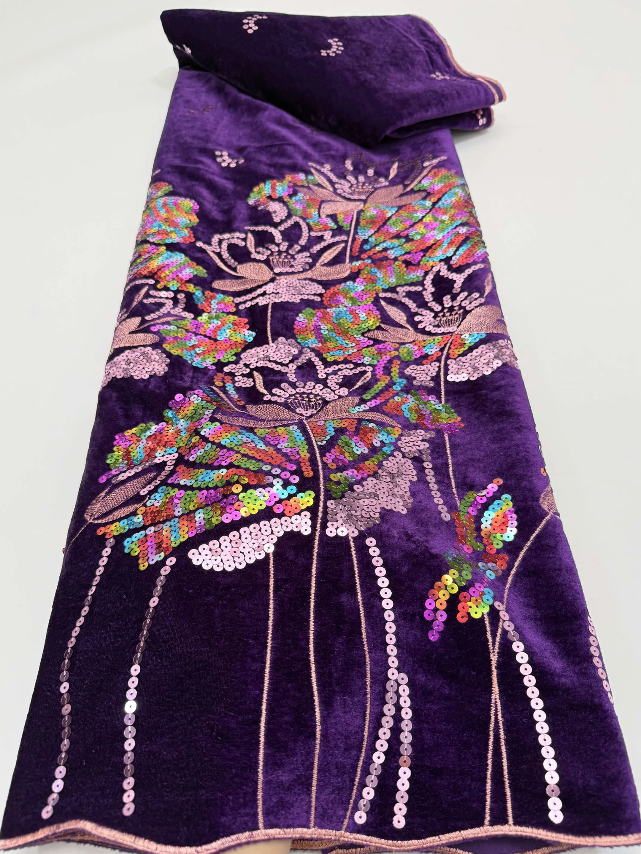 African Luxury Velvet Lace Fabric Beaded Sequins Nigerian Embroidered Tulle Heavy 5 Yards for Wedding Party Dress Sewing