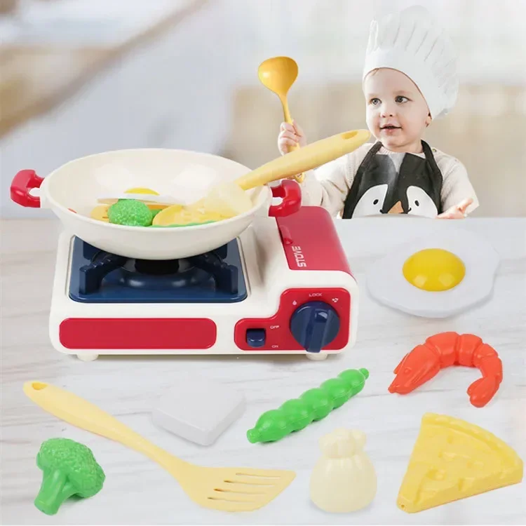 11pcs/set Simulate gas stove vegetable shrimp music LED Lights kids kitchen toy set Play house Interactive Toy baby best gift