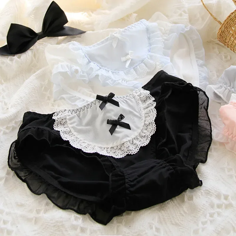 Lolita Bow Lace Transparent Underpants For Women Mid Waist Black Mesh Ruffle Cotton Crotch Thin Panties Sweet Girl Cute Briefs