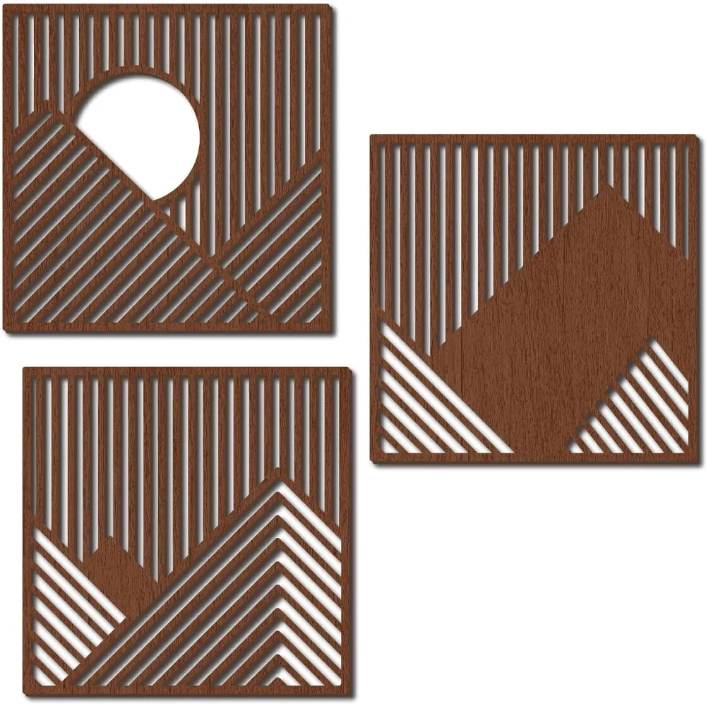 

3Pcs Wood Line Wall Decor Wooden Geometric Wall Art Decoration Hanging Set Hollowing Out Artwork Modern Mountains Sculpture