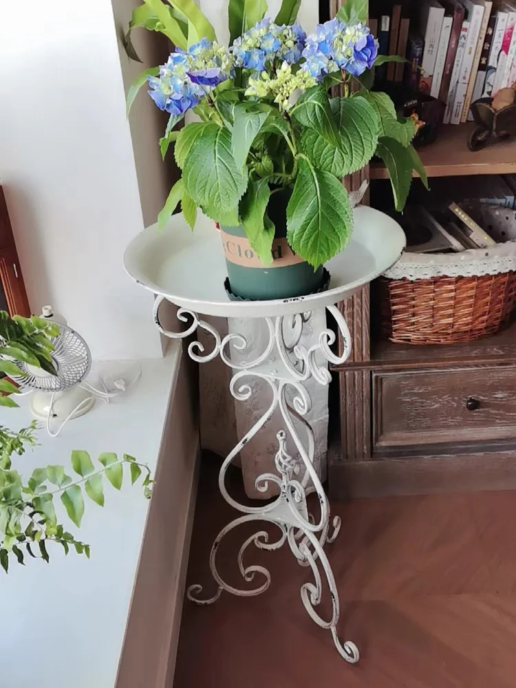Vintage French Style Metal Plant Stand, White Distressed Finish, Decorative Bird Tray Top, Scrollwork Base, 42x42x75 cm