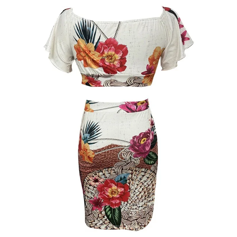 2025 Sexy Slim Fit Off Shoulder Top Printed Sexy Slit Hip Hugging Skirt Two-piece Set