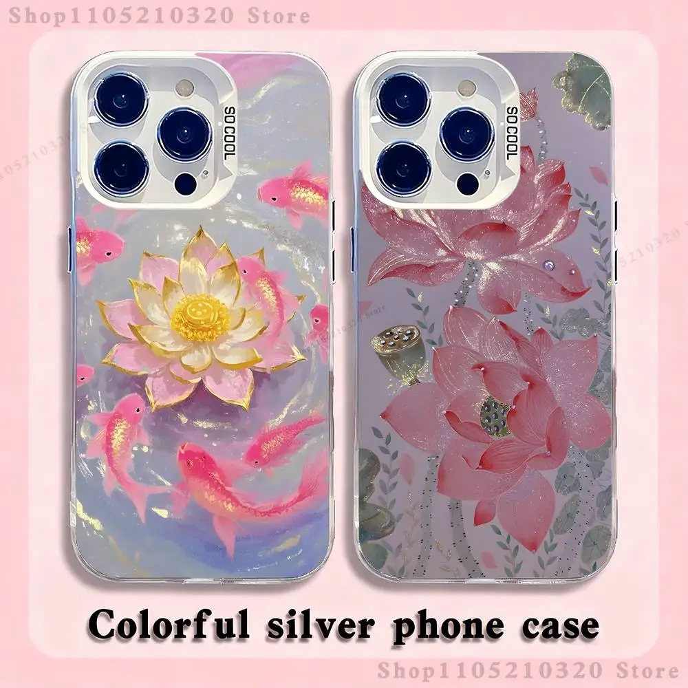 

Five Golden Lotus Pattern Phone Case For iPhone 17,16,15,14,13,12,11,Mini,Pro,E,MAX White Matte Silicone Whtie Cover