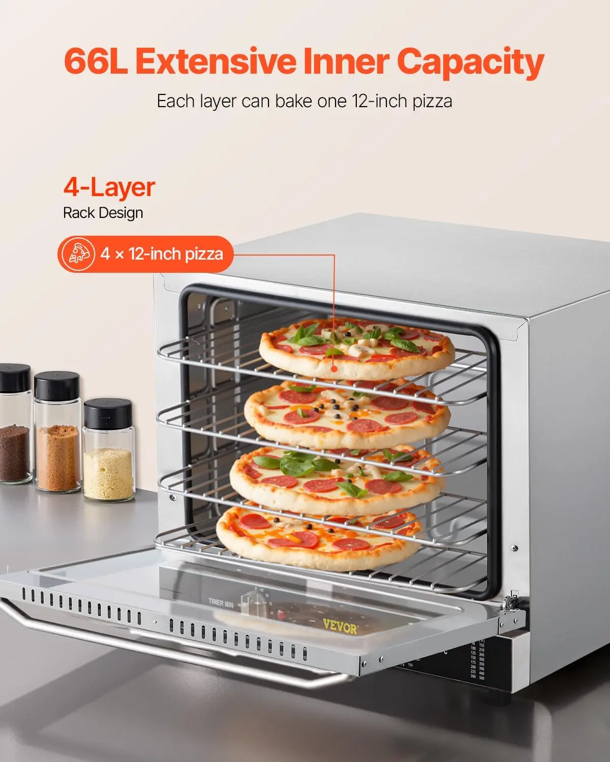 Commercial Convection Oven, 66L/60Qt, Half-Size Conventional Oven Countertop, 1800W 4-Tier Toaster w/Front Glass Door, w/Trays W