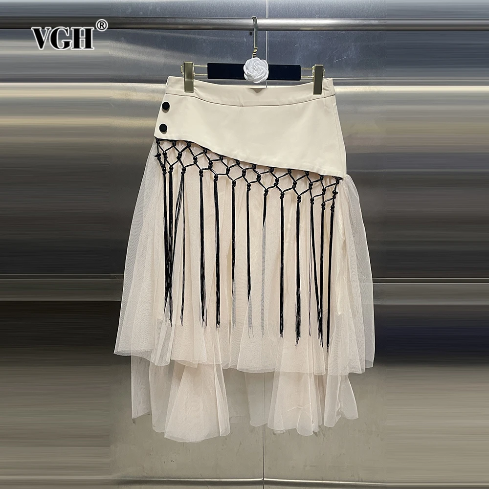 VGH Asymmetrical Patchwork Tassel Midi Skirts For Women High Waist Spliced Mesh Skirts Temperament Skirt Female Fashion Style