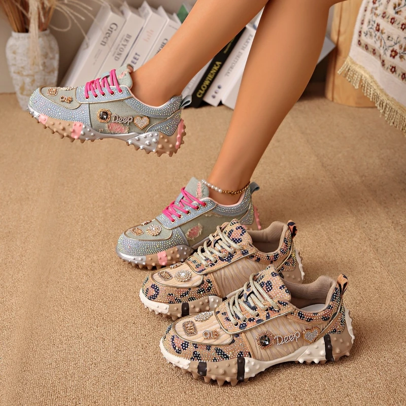 

Thick-soled Lace-up Multi-color Rhinestone Fashionable Versatile Comfortable Anti-slip Breathable Women's Single Sports Shoes