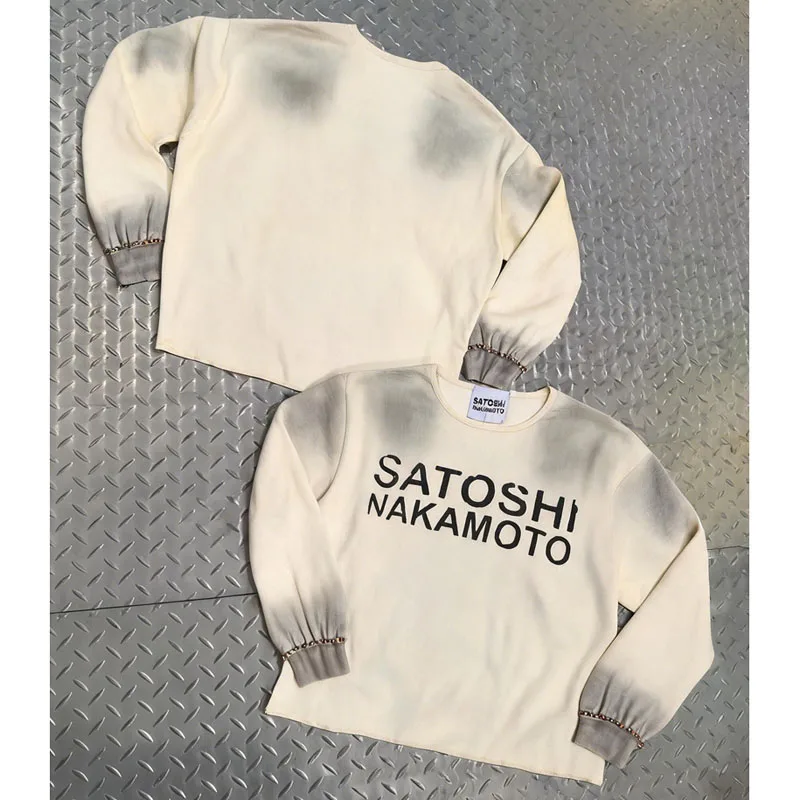 American Style Vintage Satoshi Nakamoto Tops Letter Print Waffle Pattern Trend Diamond Studded Bead Studded Men Women T-shirts