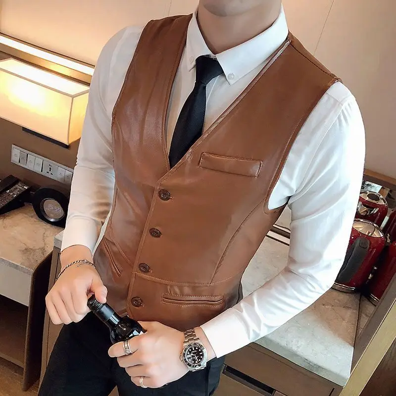 

Men's Faionable PU Leather Vest Spring Autumn Sle Motorcycle Jaet Slim Fit V-Ne Single Button Regular Thin