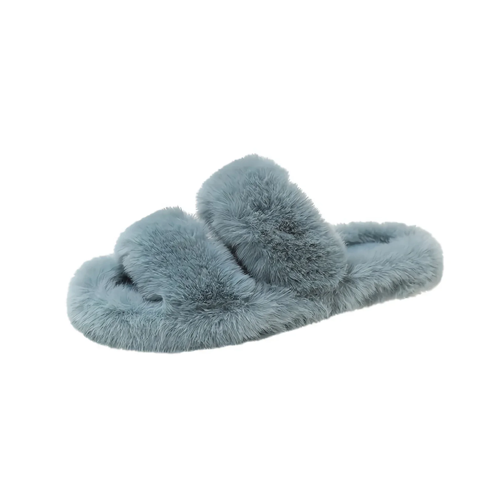 Home Fluffy Fur Slippers Comfy Open Toe Two Band Plush Sole Women Warm Shoes Indoor Bedroom Soft Flat Pillow Slide Footwear