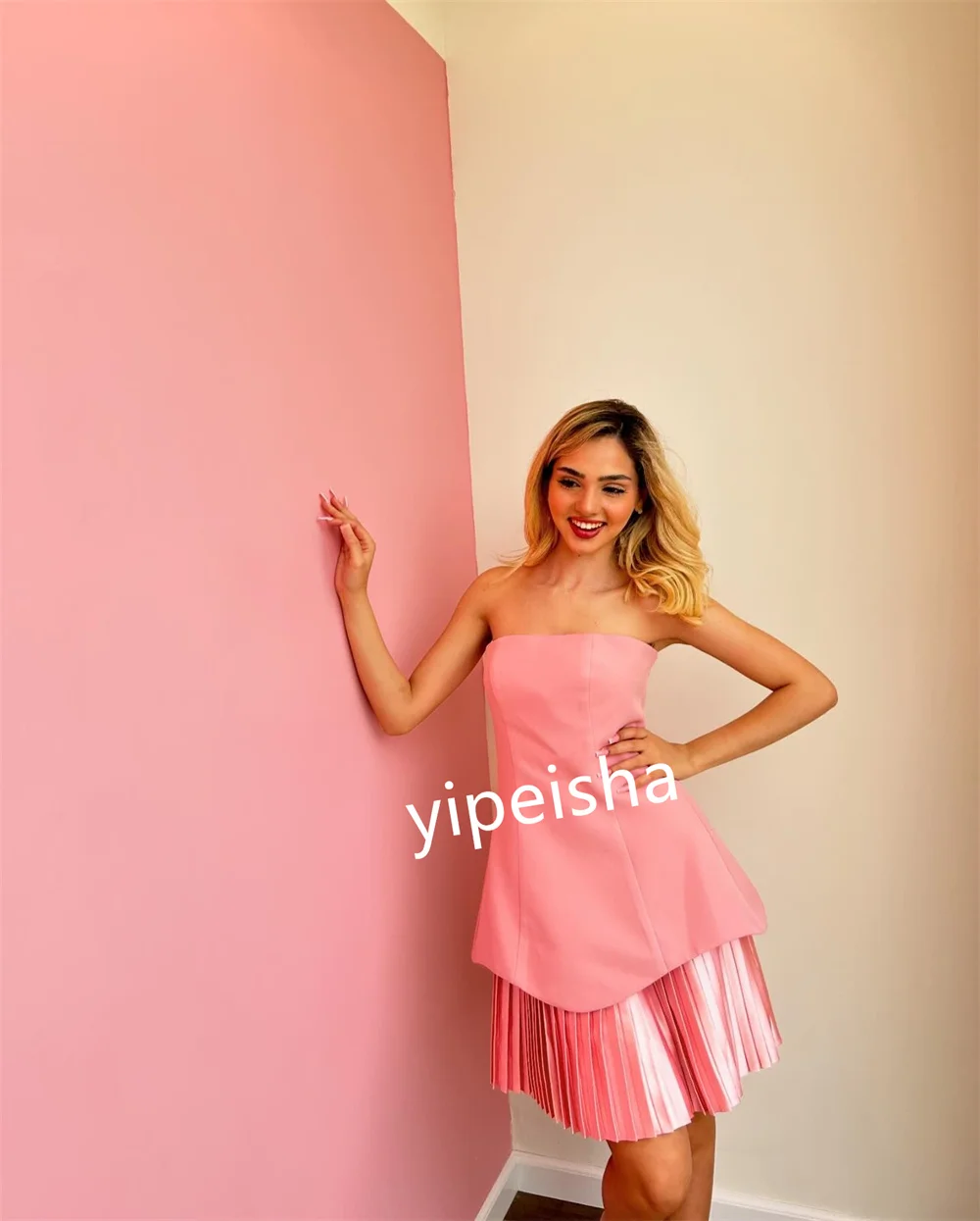 Sederhana Jersey Pleat A-line gaun pendek tanpa tali gaun Quinceanera gaya Modern klasik kualitas tinggi Formal kualitas tinggi