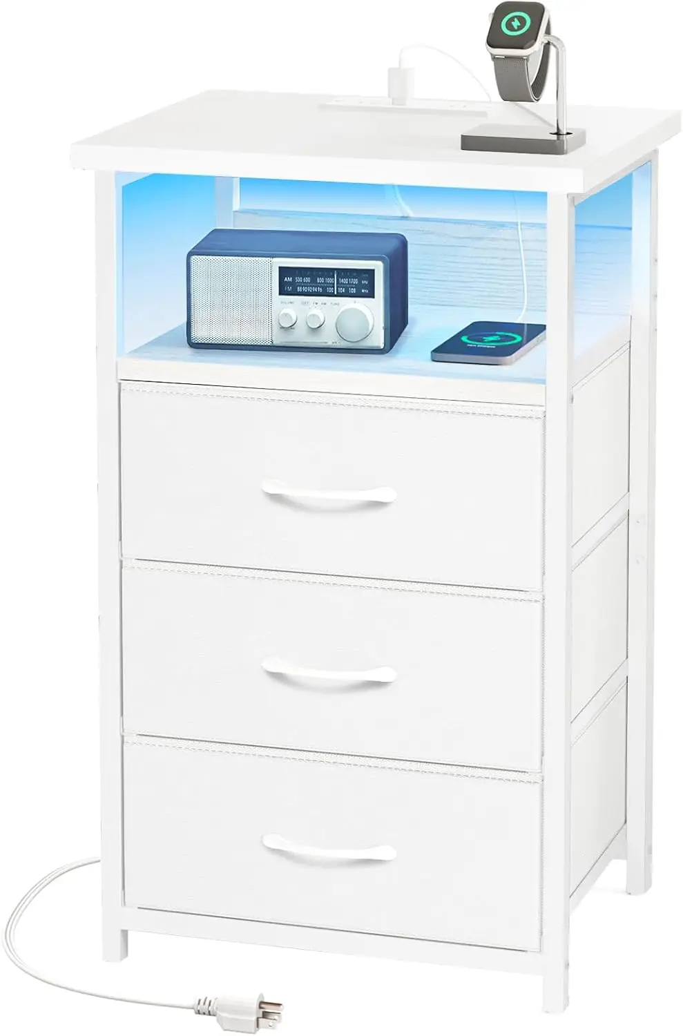 

White Nightstand with Charging Station, LED Light, 3 Drawers & Open Shelf for Bedroom