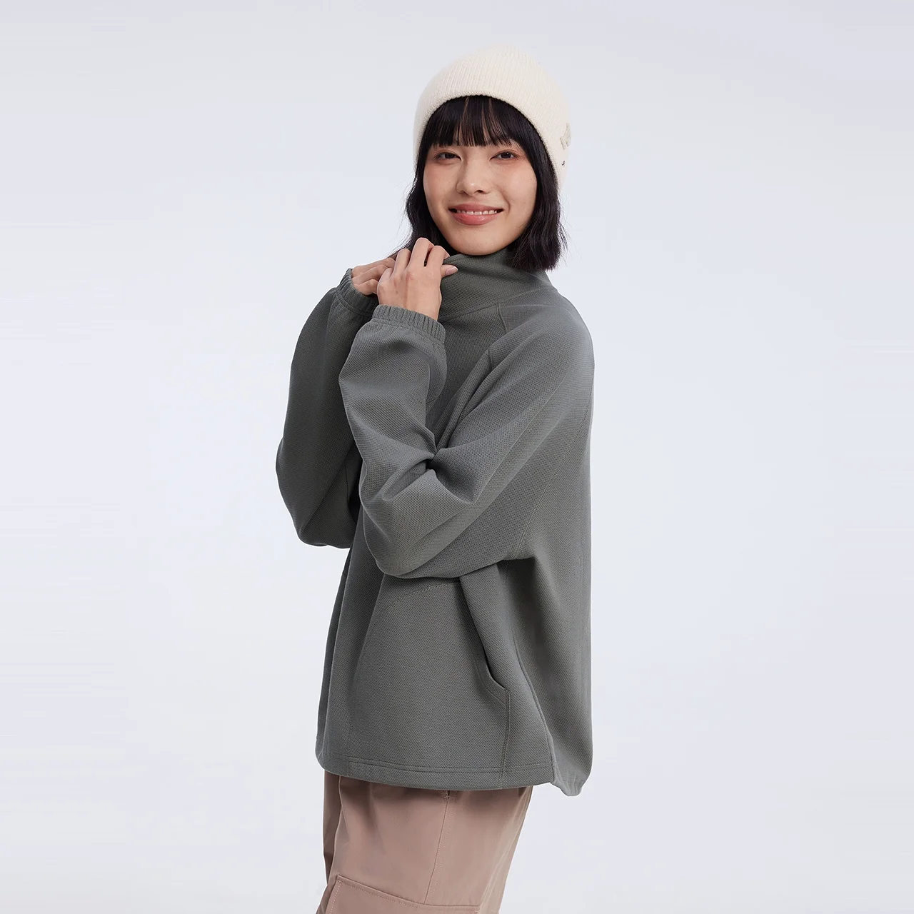 Metersbonwe Women Stand Collar Loose Hoodie Half Zipper Adjustable Elastic Hem Warm Fleece Sweatshit Spring Outdoor Pullover