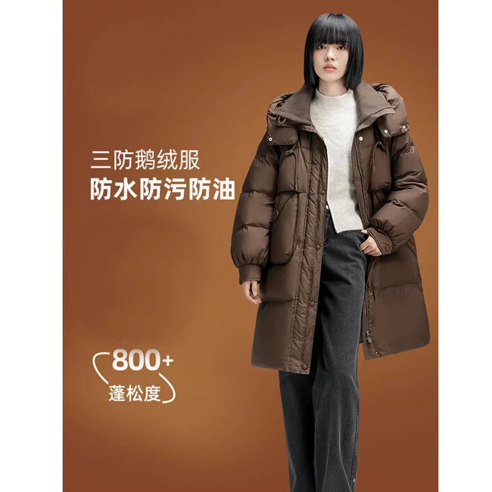 سترة بيضاء 90% من ريش الإوز للنساء، معطف نسائي فضفاض طويل بغطاء للرأس وسميك لشتاء 2025 #5