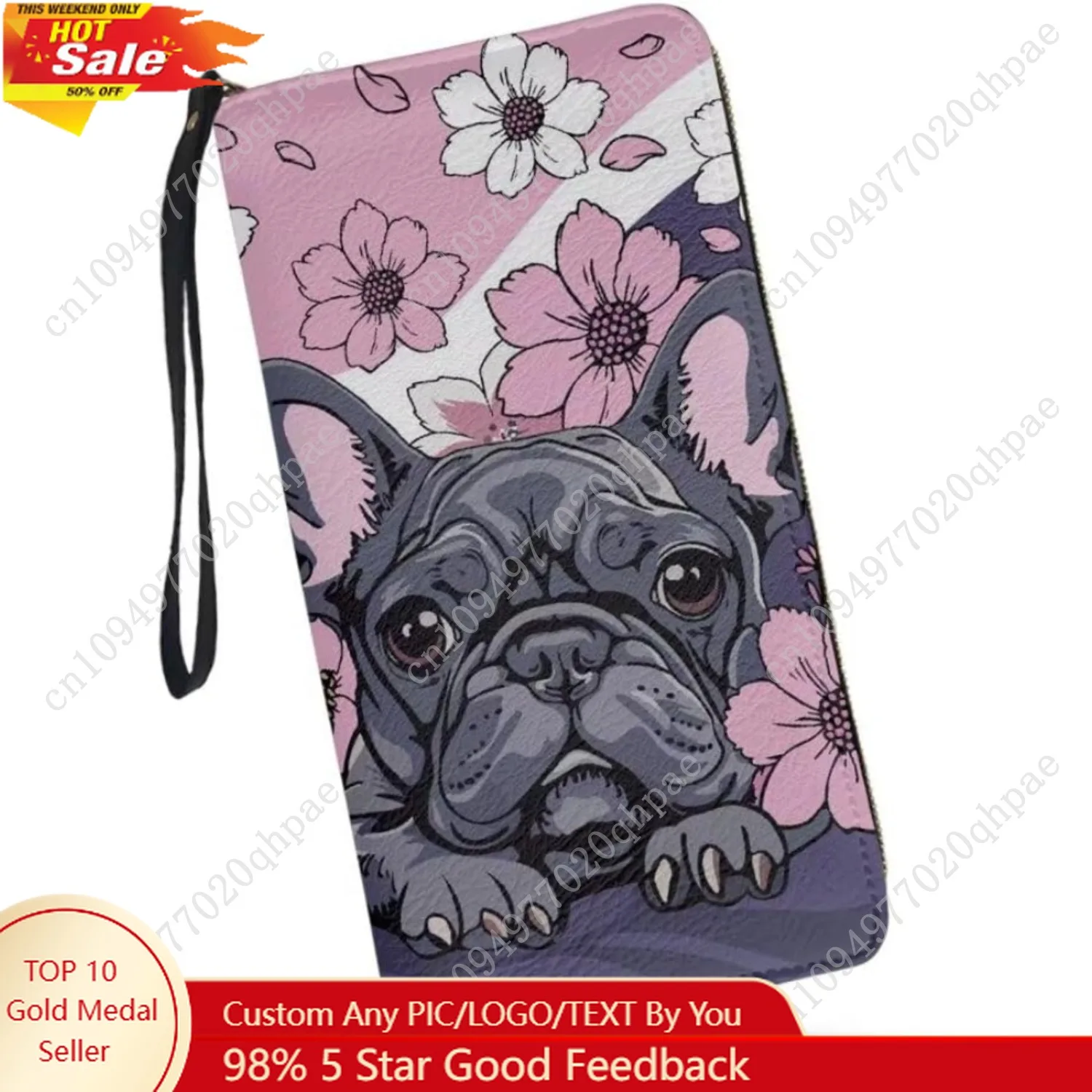 

French Bulldog Floral Clutch Wristlet Women Long Wallet RFID Blocking Credit Card Holder PU Ladies Purse Handbags