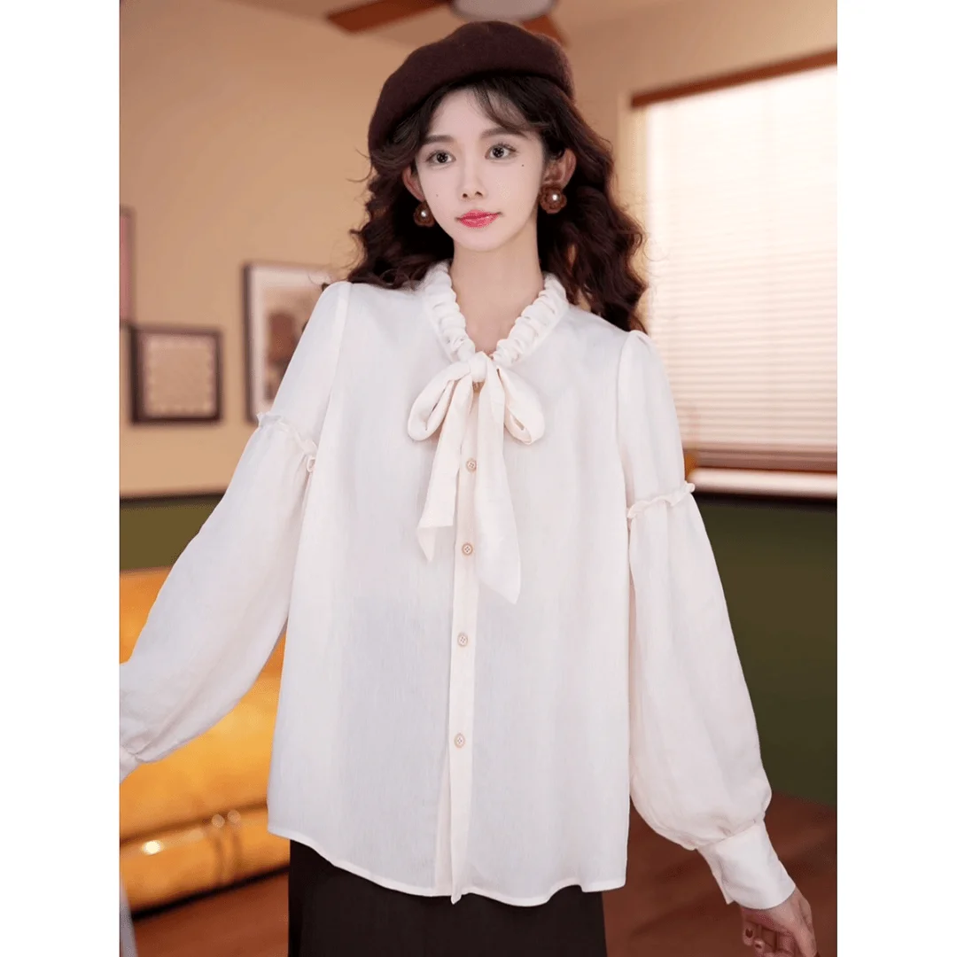 

Long Sleeve Shirts Womens Chiffon Blouse Ruffled Slim Fit Romantic Lace-Up Feminine Sweet Korean Style Elegant Clothing
