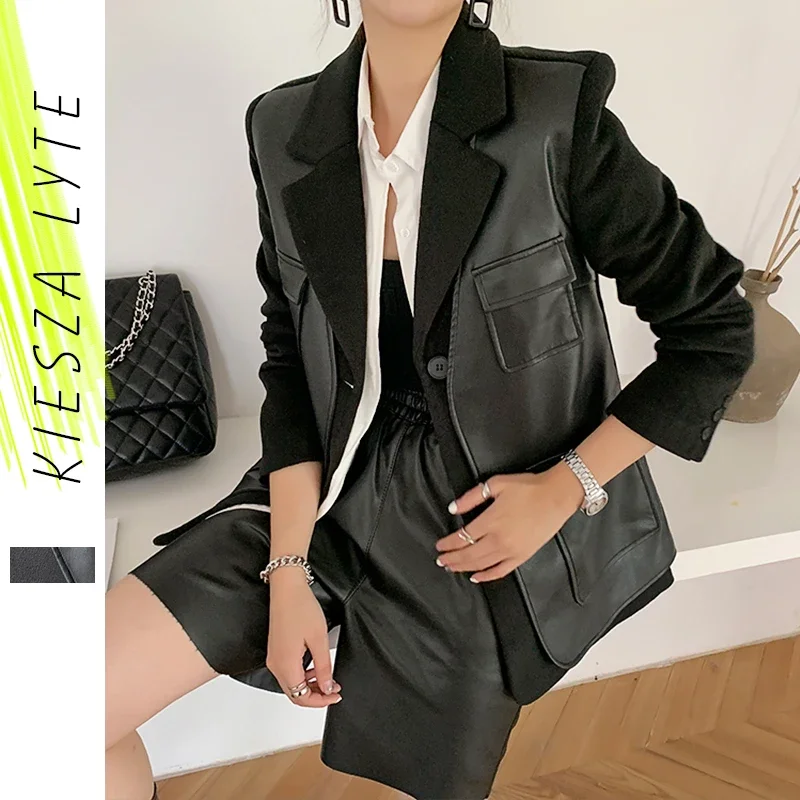 Black Wool Coat New Autumn Winter 2024 Fashion Patchwork PU Leather Thick Suit Blazer Lady Jackets Outerwear High Quality