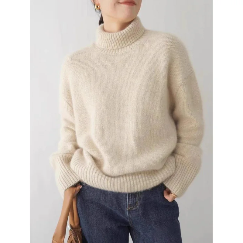 2025 AW Women's Thickened Cashmere Knit Sweater | Turtleneck Short Pullover | Solid Color Loose Lazy Style