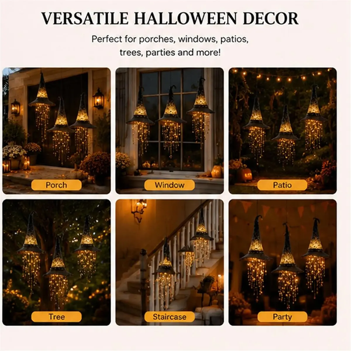 Lighted Witch Hat Hanging Chime, Glowing LED Decor, Sparkling Star Tassels, Halloween Porch Window Outdoor Decoration