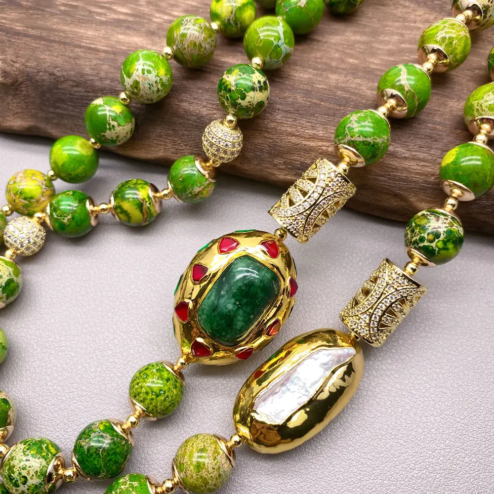 KKGEM 2 Strands White Biwa Pearl Bead  Green jade 10mm round Green Sea Sediment Jasper Necklace  Choker Jewelry