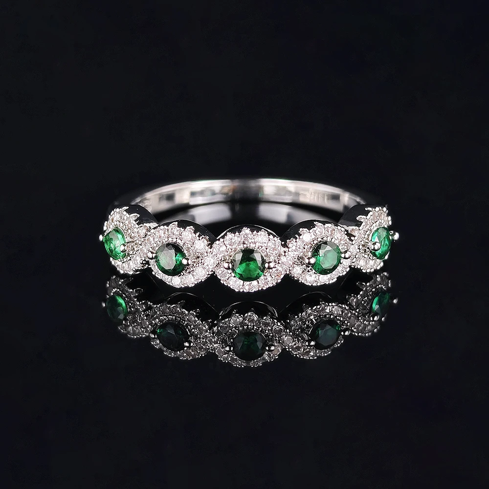 Rose Gold Silver Color Aesthetic Green Zircon Eternity Wedding Band Rings for Women Anniversary Gift Christmas Brand R6318