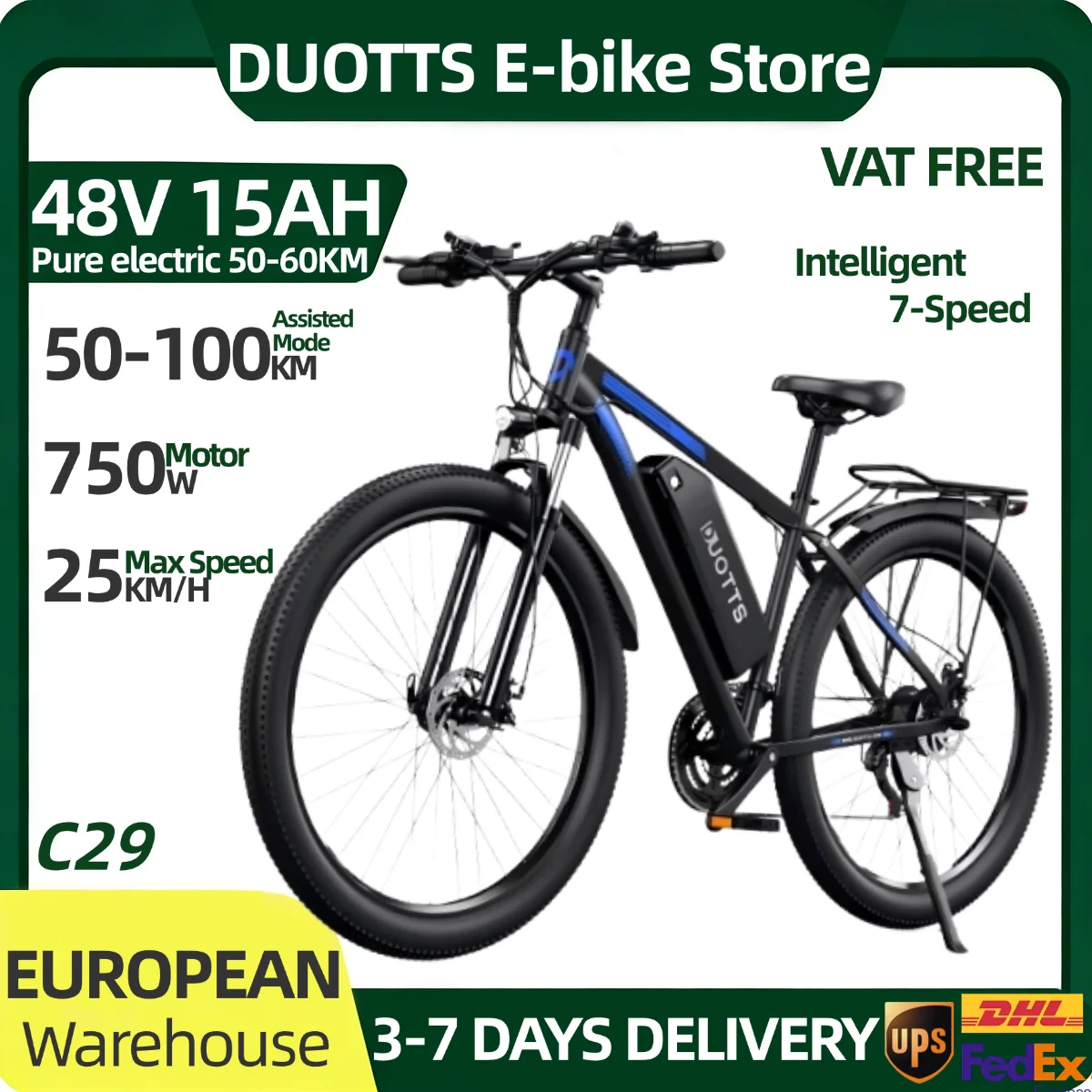 Vélo électrique tout-terrain DUOTTS C29 48V 15AH, moteur 750W, batterie lithium, pneus 29 pouces, 7 vitesses, interrupteur de puissance, vitesse 25 km/h, interrupteur 2-en-1, avec garde-boue avant et arrière, pour tous les terrains.