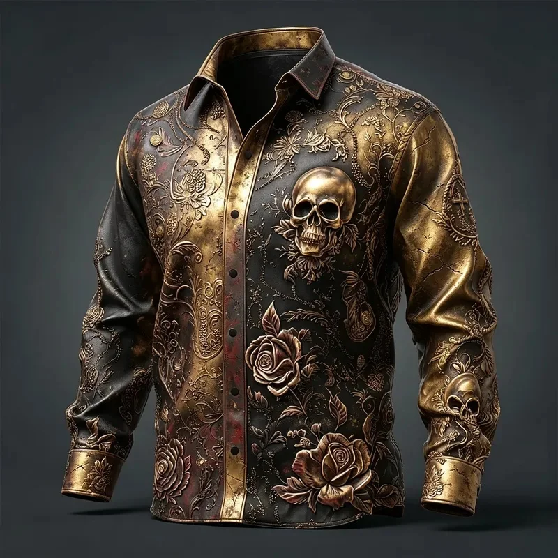 Men's Black Gold Embossed Skull Rose Vintage Print Long Sleeve Shirt Lapel Button Tops For Rock Club Party Wear